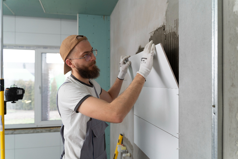 man installing tiles on the bathroom wall