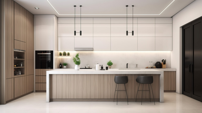 a kitchen with a white countertop and black stools